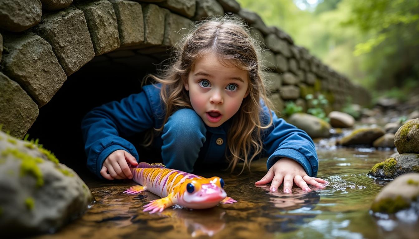 découvrez l'émotion d'une fillette stupéfaite qui rencontre un animal rarissime caché sous un pont, une aventure pleine de surprise et de merveille.