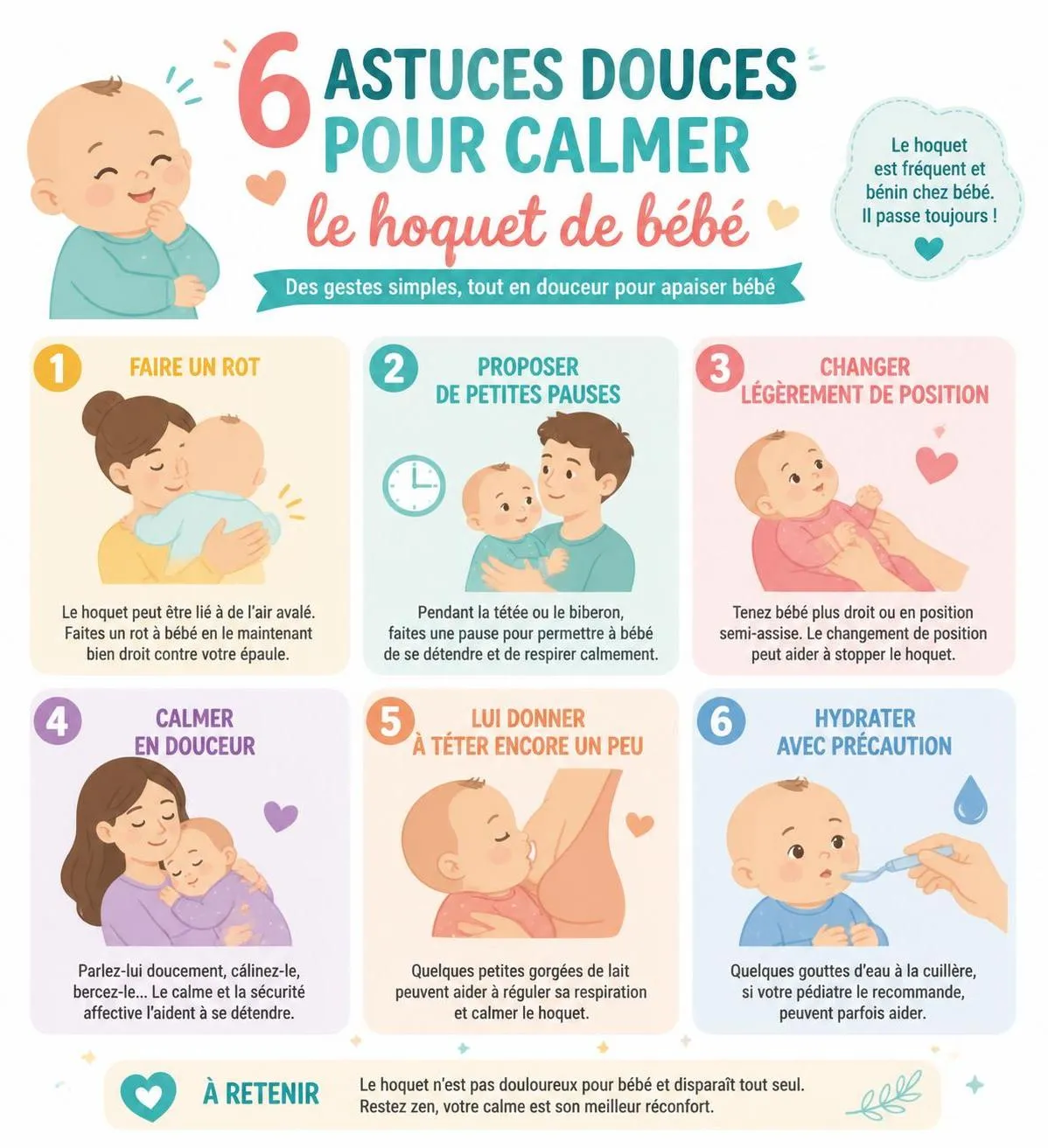 découvrez pourquoi le hoquet survient chez le bébé et apprenez 6 astuces douces et efficaces pour le faire passer rapidement et en toute sécurité.