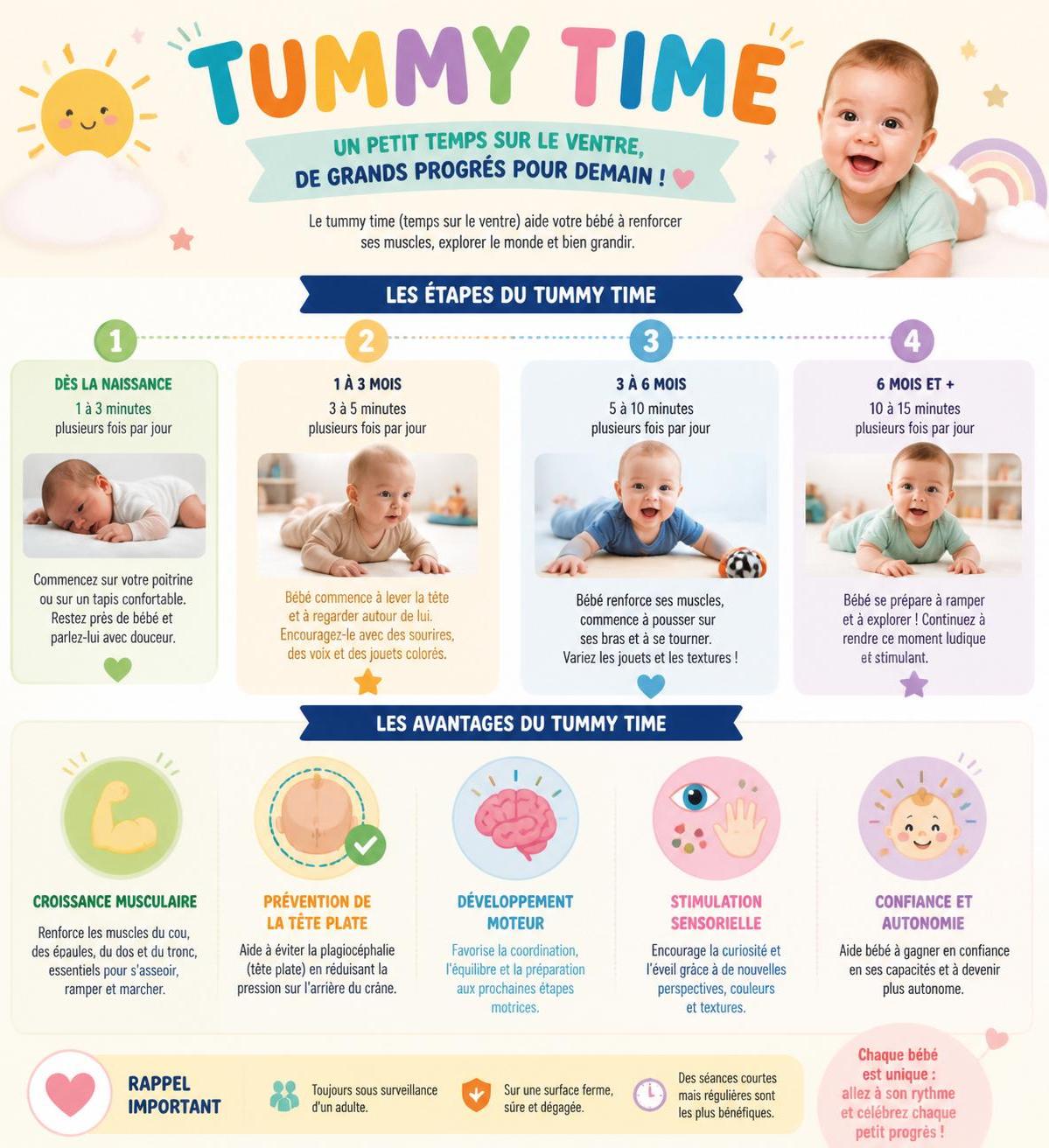 découvrez quand commencer le tummy time, combien de temps le pratiquer et comment l'effectuer correctement avec votre bébé pour favoriser son développement moteur.