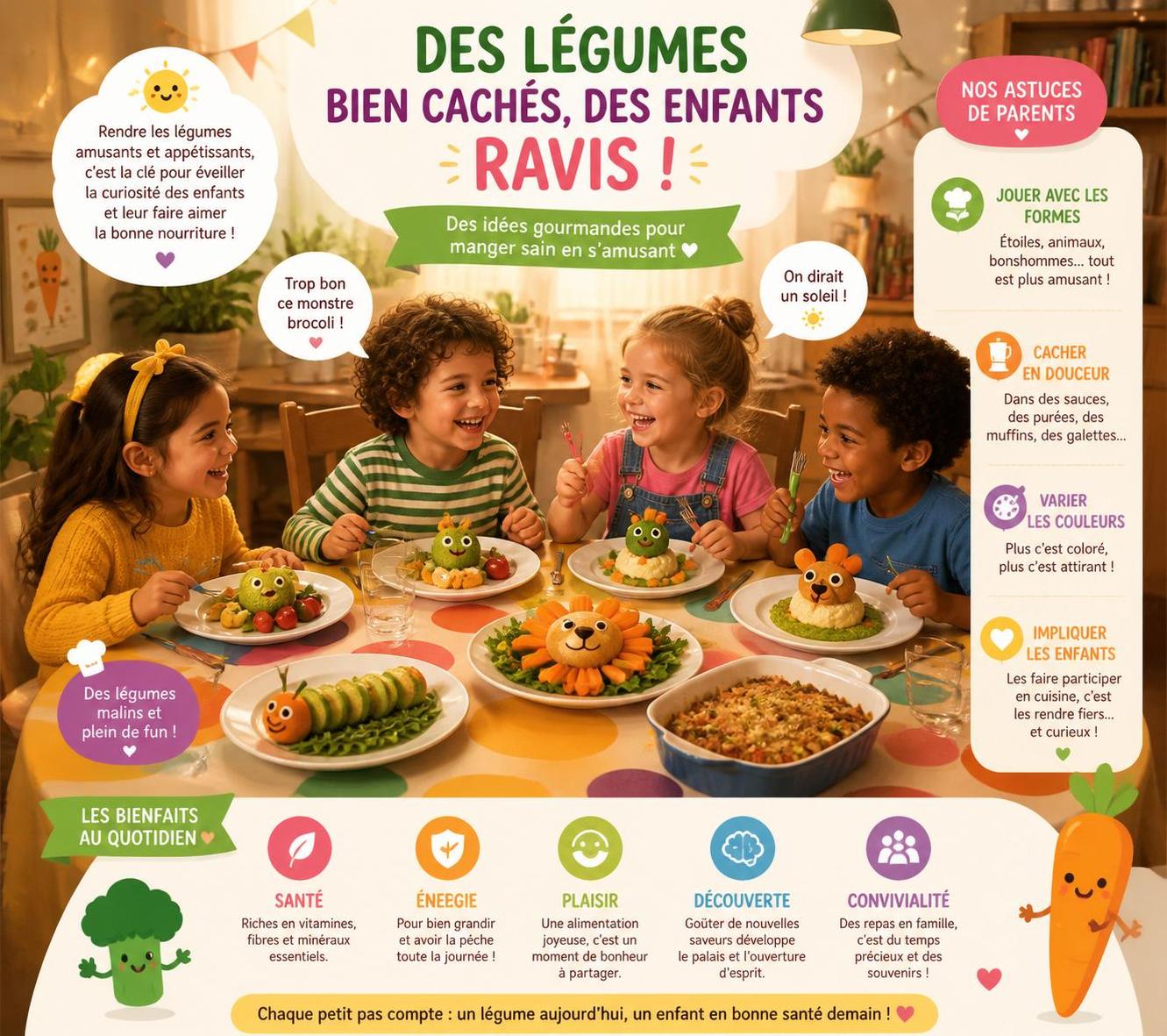 découvrez 8 recettes malicieuses pour intégrer des légumes camouflés dans les repas de vos enfants et les faire manger sans caprice, de maniÚre ludique et savoureuse.