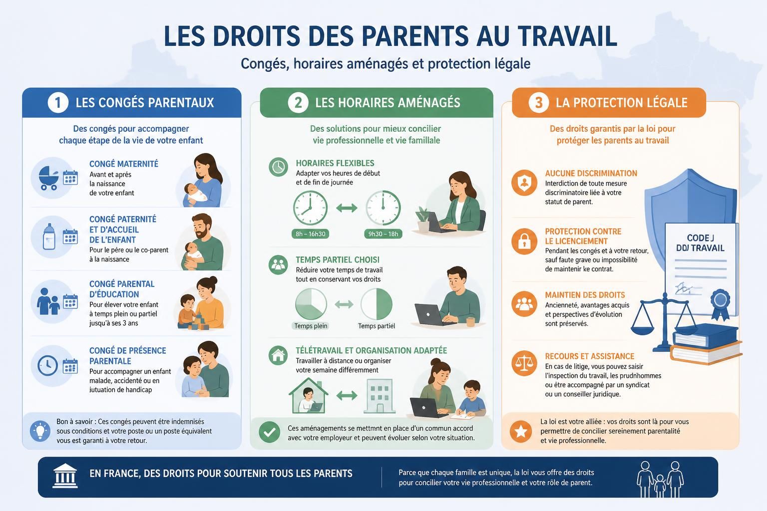 découvrez les droits des parents au travail, incluant les congés parentaux, les horaires aménagés et les protections légales pour concilier vie professionnelle et familiale.