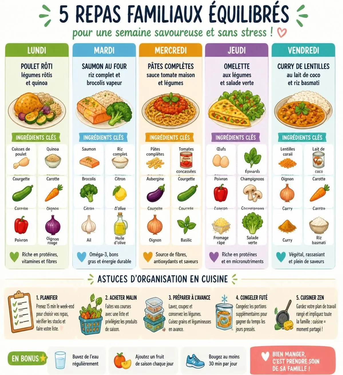 découvrez un menu de la semaine en famille avec 5 repas équilibrés, rapides et faciles à préparer en seulement 30 minutes pour des dîners sains et conviviaux.