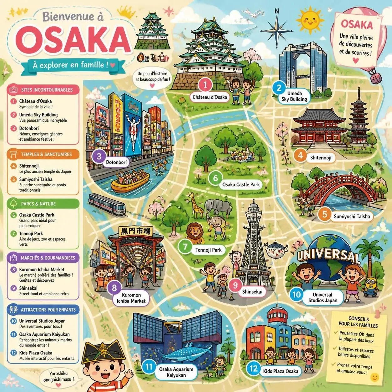 découvrez osaka en famille : temples historiques, marchés animés et activités adaptées pour une semaine inoubliable avec vos enfants au japon.