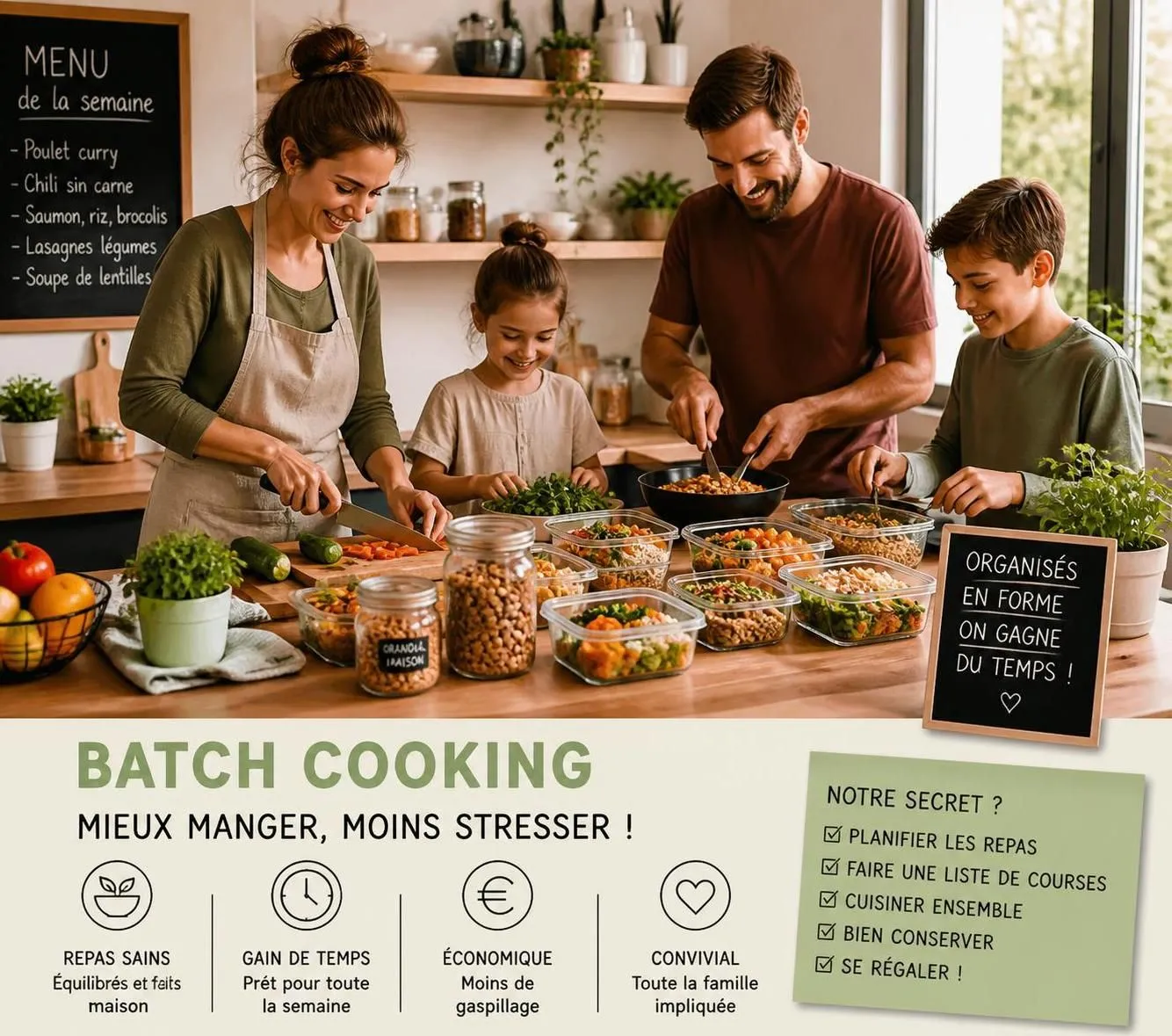 découvrez un menu type de batch cooking pour organiser vos repas en famille toute la semaine, avec des astuces simples pour gagner du temps et garantir un bon équilibre alimentaire.