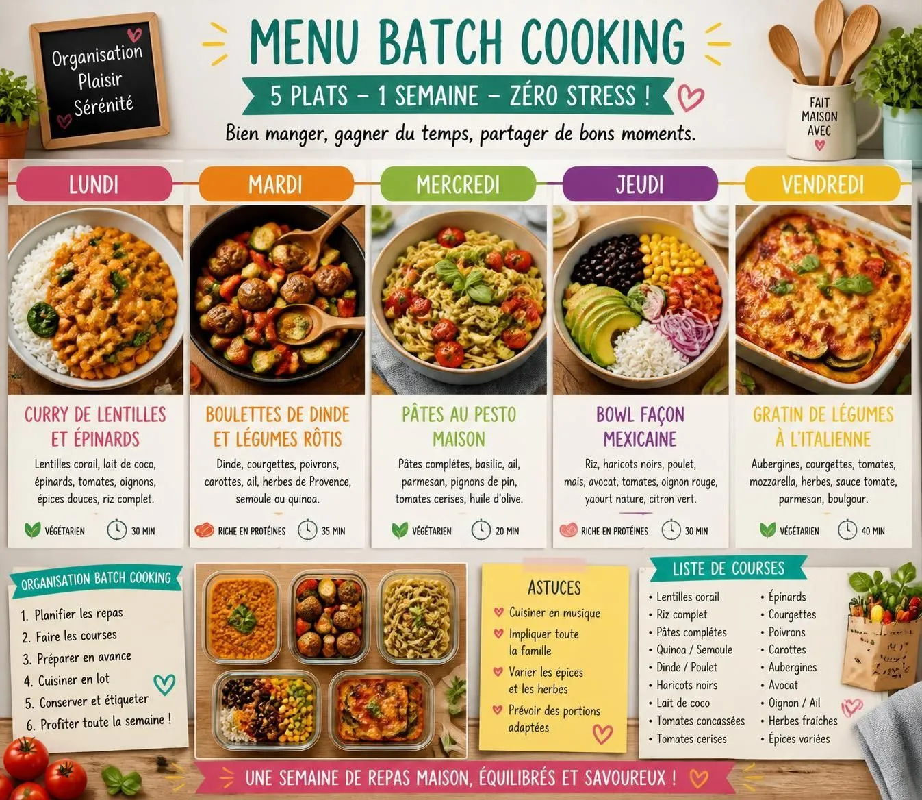 découvrez un menu type de batch cooking pour toute la semaine en famille, accompagné d'astuces pratiques pour gagner du temps et s'y tenir facilement.