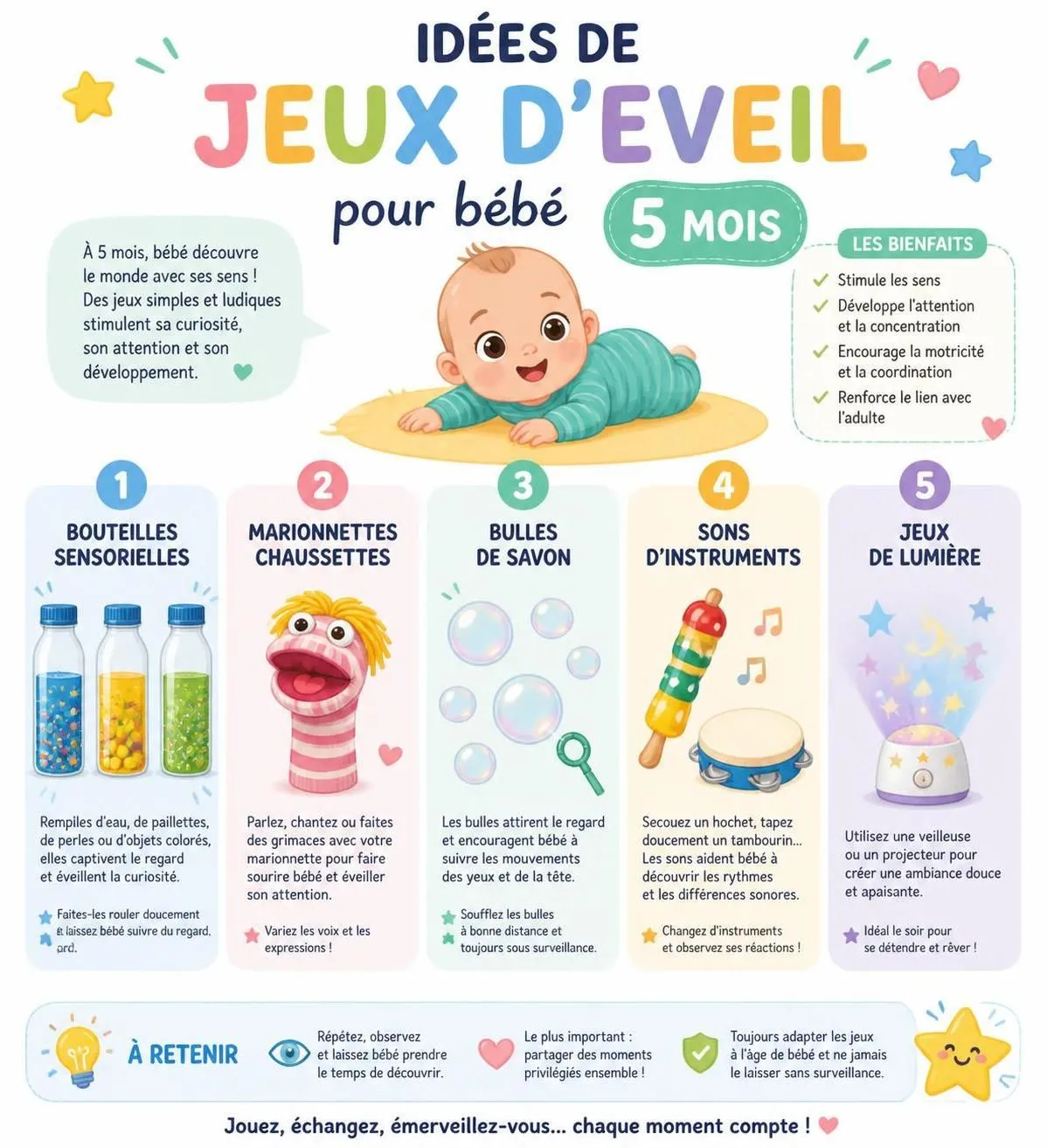 découvrez les étapes de développement de votre bébé de 5 mois et les activités d'éveil adaptées pour stimuler ses sens et sa motricité.