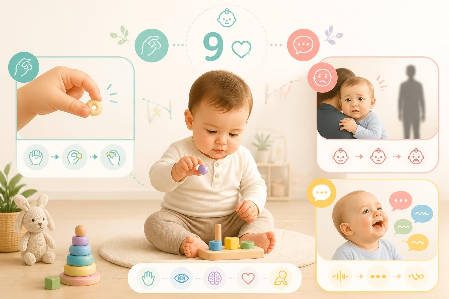 Bébé 9 mois : pince fine, angoisse des étrangers et premières syllabes — tout ce qui se passe