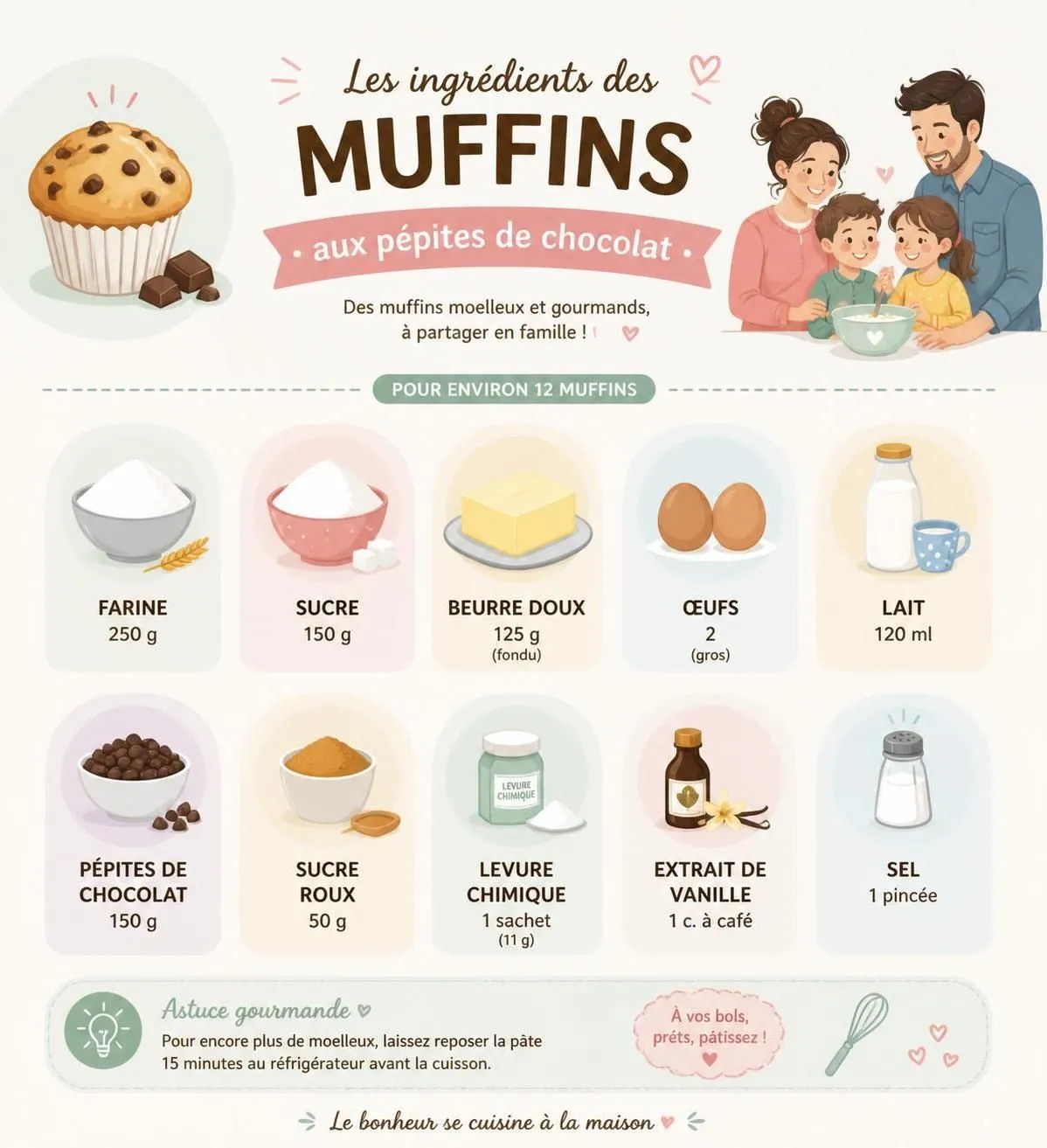 découvrez la recette facile et gourmande des muffins aux pépites de chocolat, parfaite pour que les enfants cuisinent presque tout seuls et se régalent en s'amusant.