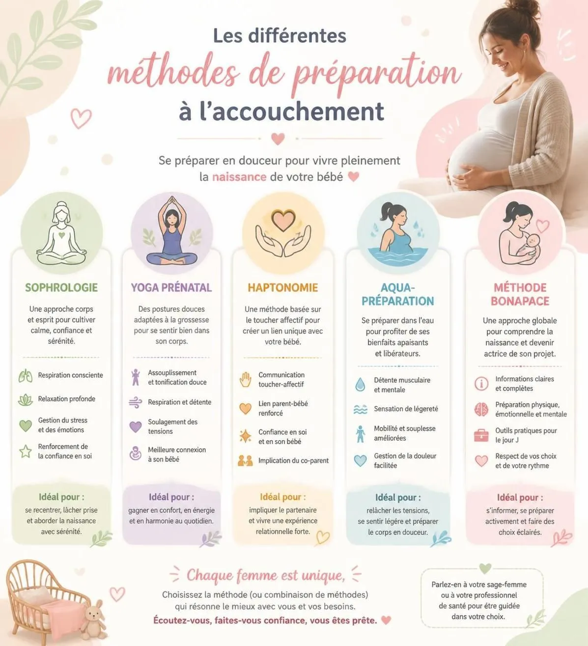 découvrez comment préparer votre accouchement grâce à la sophrologie, au yoga prénatal et aux techniques de respiration pour un moment serein et en confiance.