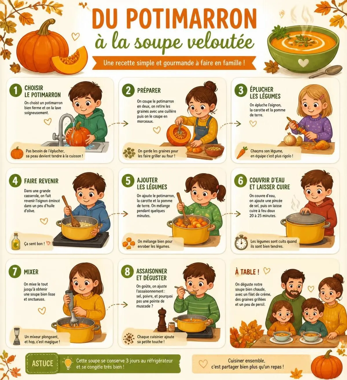 découvrez une recette facile et veloutée de soupe au potimarron, idéale pour les enfants. parfaite pour réchauffer vos soirées d'automne avec douceur et gourmandise.