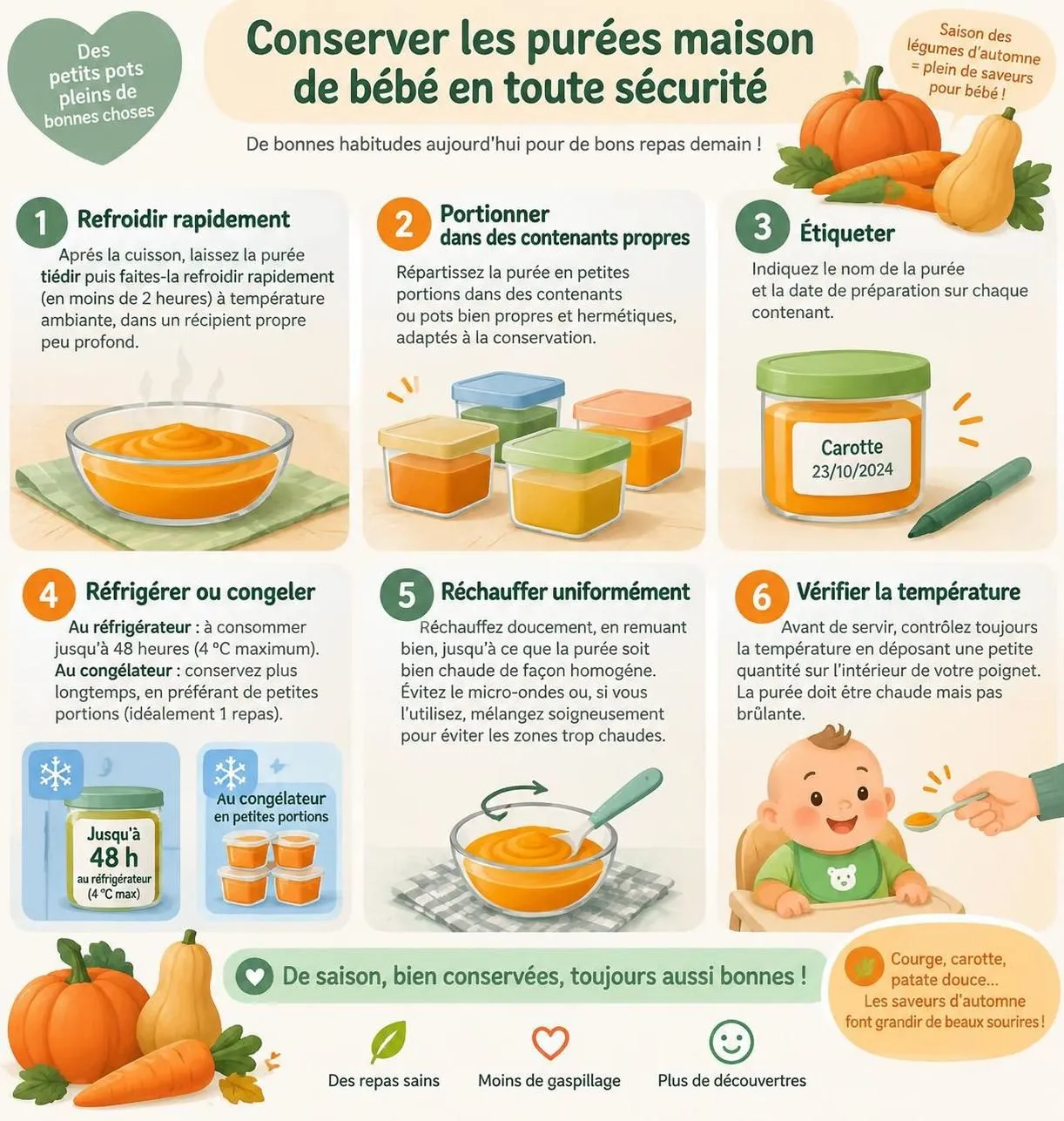 découvrez des recettes de soupes et purées de légumes d’automne pour bébé, adaptées à chaque âge, avec des conseils pour varier les saveurs.